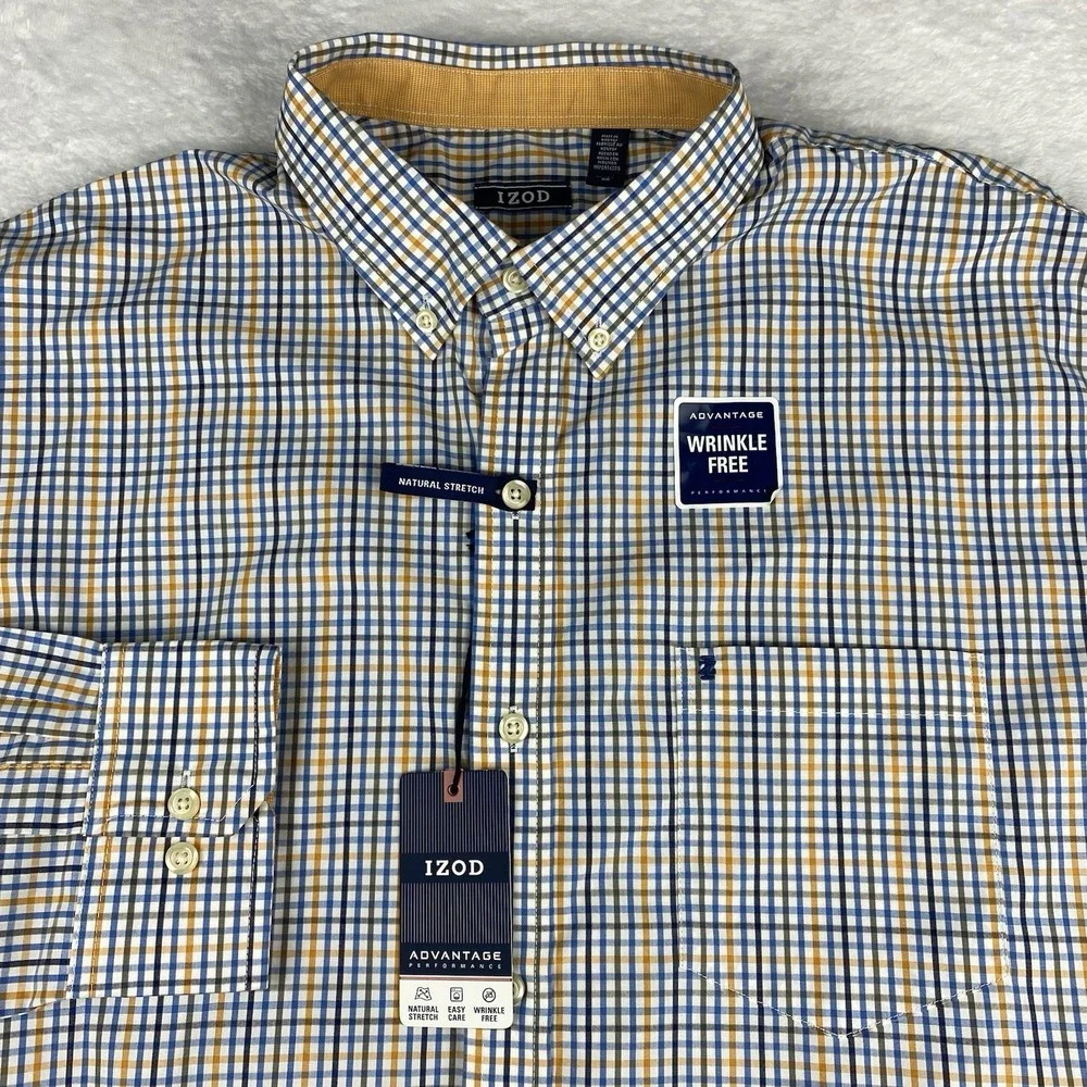 IZOD Advantage Shirt Mens XL Blue/Gold Checks Regular Fit Wrinkle Free NWT!